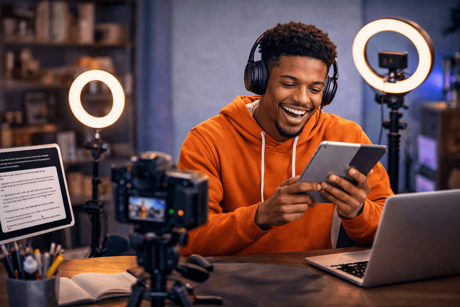 Creator reading a script on tablet